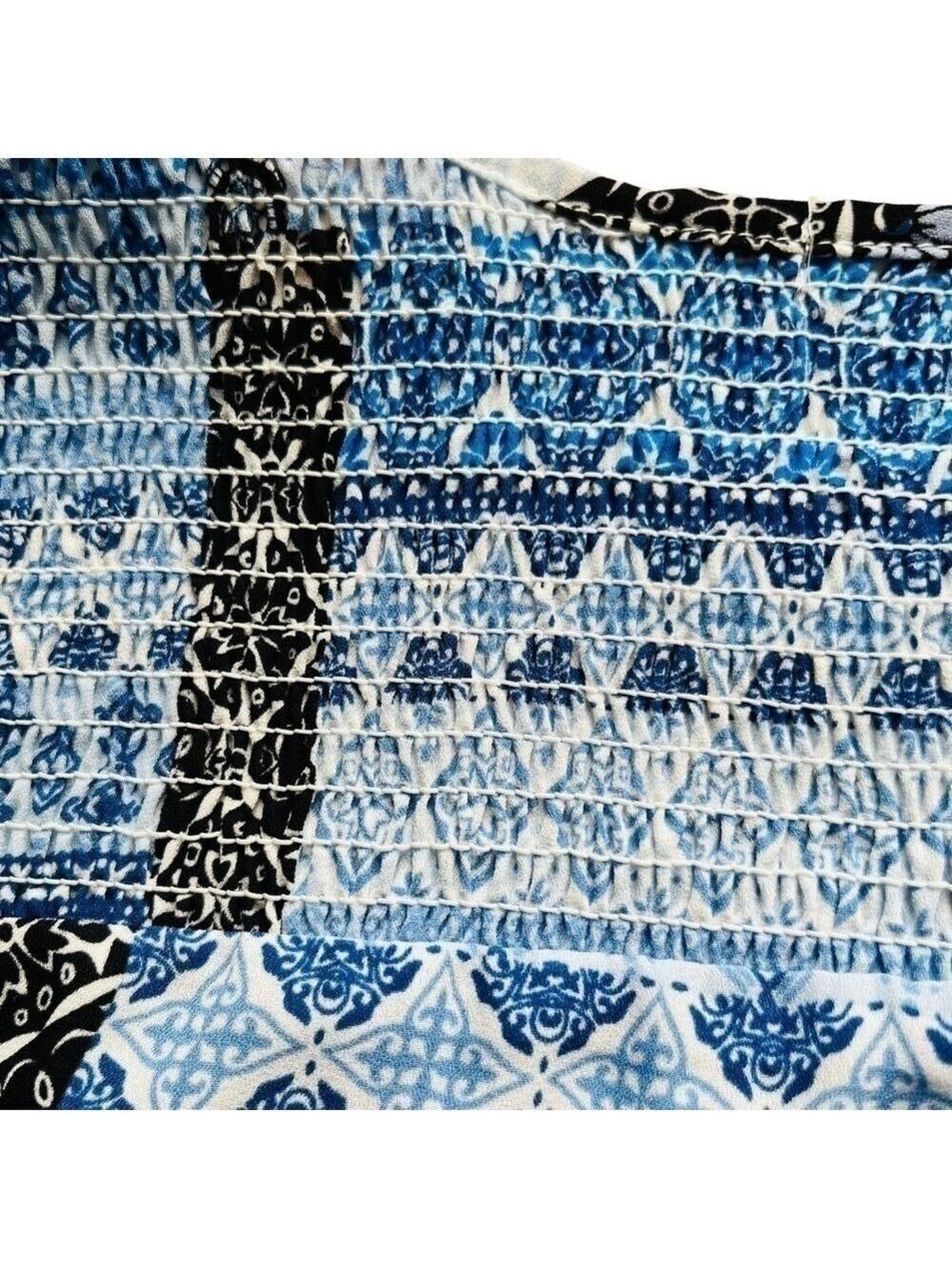 Suzy Shier Blue Geometric Zellige Print Boho Sleeveless Top with Shirring Size M - Picture 7 of 12